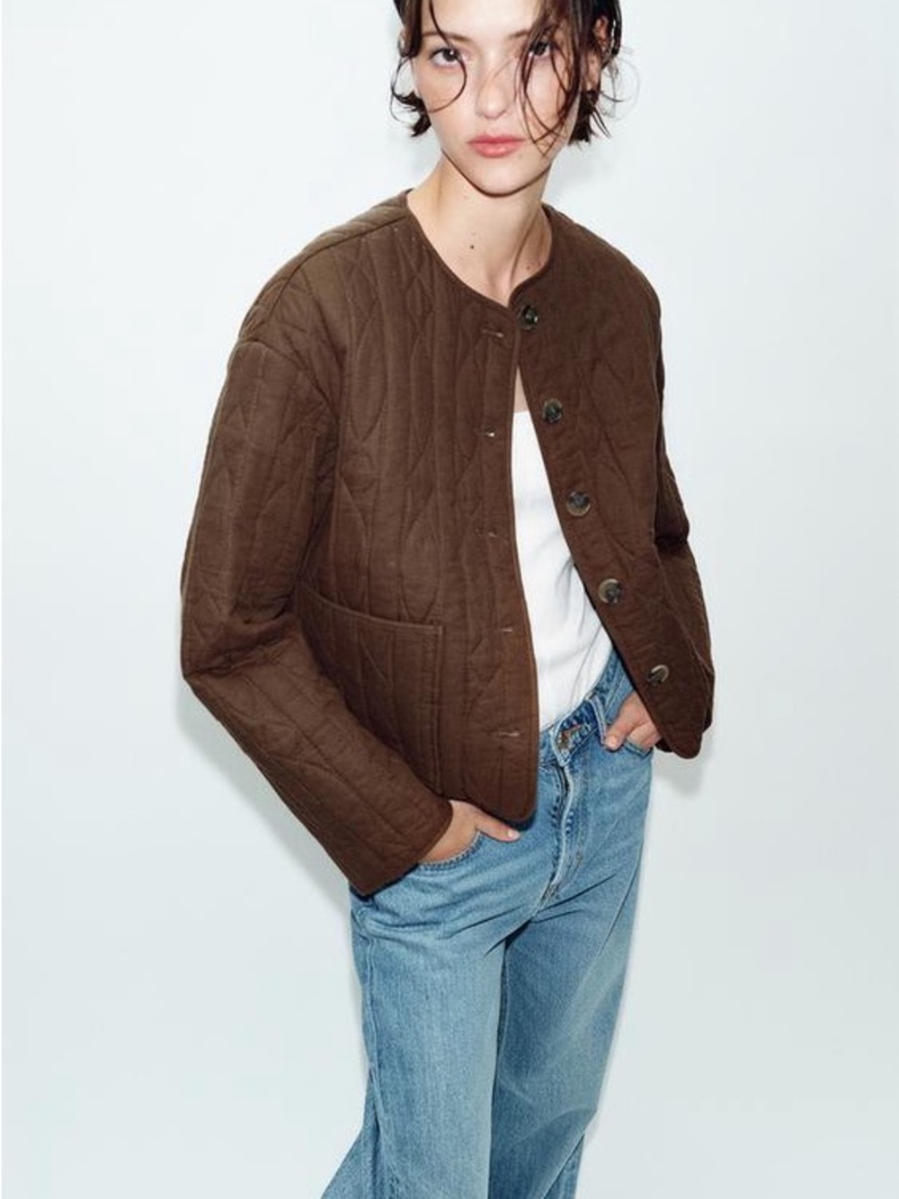 Zara Brown Quilted Bomber Jacket
